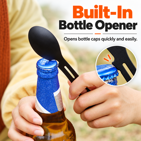 Multifunctional Camping Spork - Stainless Steel Spoon Fork Combo with Bottle Opener, Can Opener and Wrench Tool, Portable Outdoor Cutlery for Hiking, Camping and Picnics