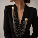 Gold Multi Layer Chain Brooch - Elegant Double Round Pin Draped Tassel Brooch, Alloy Statement Jewellery for Suits, Dresses, Blazers and Parties-1