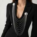 Silver Multi Layer Chain Brooch - Elegant Double Round Pin Draped Tassel Brooch, Alloy Statement Jewellery for Suits, Dresses, Blazers and Parties-1