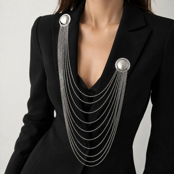 Silver Multi Layer Chain Brooch - Elegant Double Round Pin Draped Tassel Brooch, Alloy Statement Jewellery for Suits, Dresses, Blazers and Parties