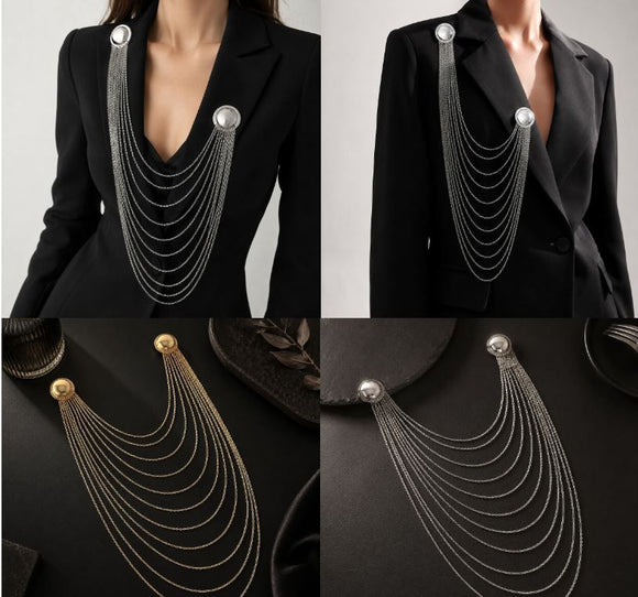 Silver Multi Layer Chain Brooch - Elegant Double Round Pin Draped Tassel Brooch, Alloy Statement Jewellery for Suits, Dresses, Blazers and Parties