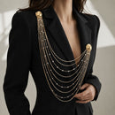 Gold Multi Layer Chain Brooch with Faux Pearls - Elegant Double Round Pin Draped Tassel Brooch, Alloy Statement Jewellery for Suits, Dresses, Blazers and Parties-1