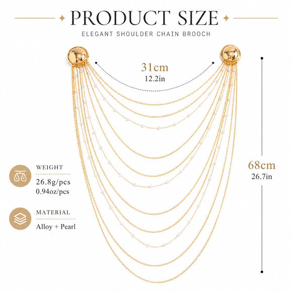 Gold Multi Layer Chain Brooch with Faux Pearls - Elegant Double Round Pin Draped Tassel Brooch, Alloy Statement Jewellery for Suits, Dresses, Blazers and Parties