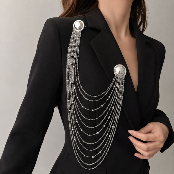 Silver Multi Layer Chain Brooch with Faux Pearls - Elegant Double Round Pin Draped Tassel Brooch, Alloy Statement Jewellery for Suits, Dresses, Blazers and Parties