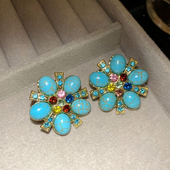 Vintage Turquoise Floral Stud Earrings - Oval Stone Alloy Statement Earrings with Colourful Rhinestone Accents and Silver Posts, Retro Elegant Jewellery for Women