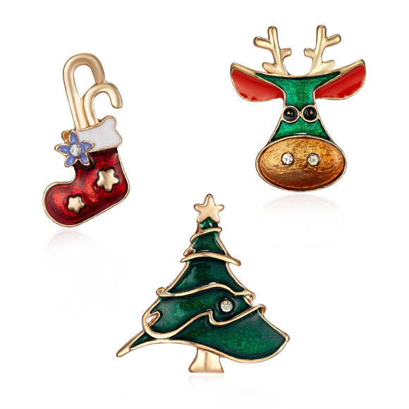 3 Piece Red Green Enamel Christmas Brooch Pins Set - Gold Alloy Festive Lapel Badges with Christmas Tree, Reindeer and Stocking Design, Holiday Jewellery for Suits, Jackets, Bags and Gifts