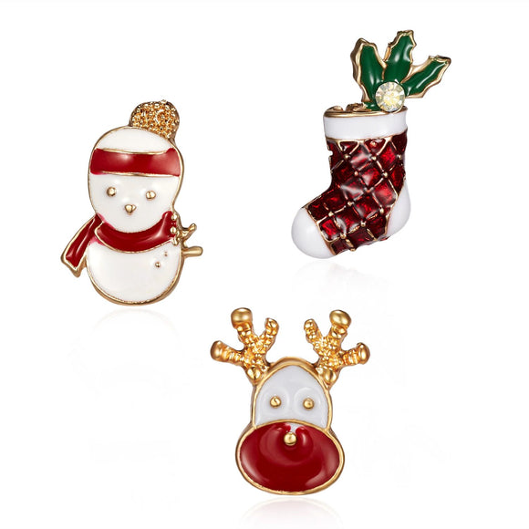 3 Piece Red Green Enamel Christmas Brooch Pins Set - Gold Alloy Festive Lapel Badges with Christmas Stocking, Reindeer and Snowman Design, Holiday Jewellery for Suits, Jackets, Bags and Gifts