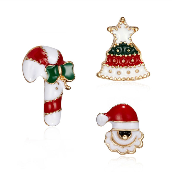 3 Piece Red Green Enamel Christmas Brooch Pins Set - Gold Alloy Festive Lapel Badges with Christmas Hat, Candy Cane and Santa Claus Design, Holiday Jewellery for Suits, Jackets, Bags and Gifts