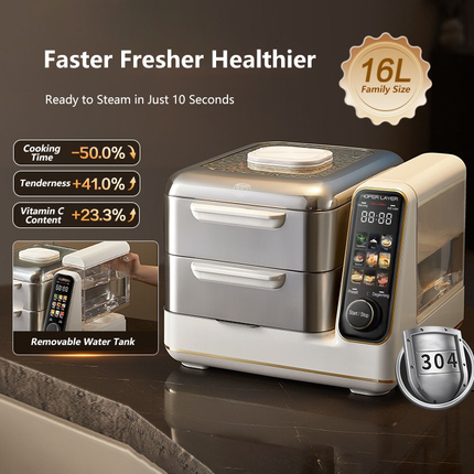 Hoper Layer Electric Food Steamer 16L Large Capacity 10 Second Start 24H Timer Independent Water Tank