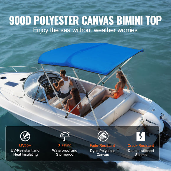 3 Bow Bimini Top Boat Cover, 900D Polyester Canopy with 1" Aluminum Alloy Frame, Waterproof and Sun Shade, Includes Storage Boot, 2 Support Poles, 4 Straps, 6'L x 46"H x 61"-66"W, Pacific Blue