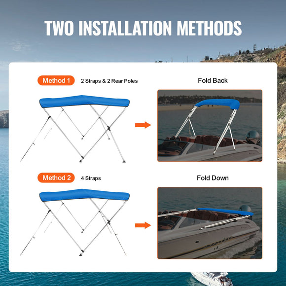 3 Bow Bimini Top Boat Cover, 900D Polyester Canopy with 1" Aluminum Alloy Frame, Waterproof and Sun Shade, Includes Storage Boot, 2 Support Poles, 4 Straps, 6'L x 46"H x 61"-66"W, Pacific Blue