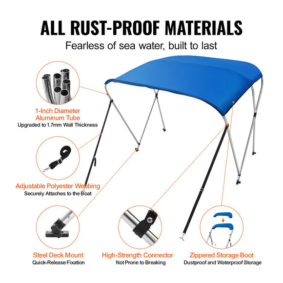 3 Bow Bimini Top Boat Cover, 900D Polyester Canopy with 1" Aluminum Alloy Frame, Waterproof and Sun Shade, Includes Storage Boot, 2 Support Poles, 4 Straps, 6'L x 46"H x 61"-66"W, Pacific Blue