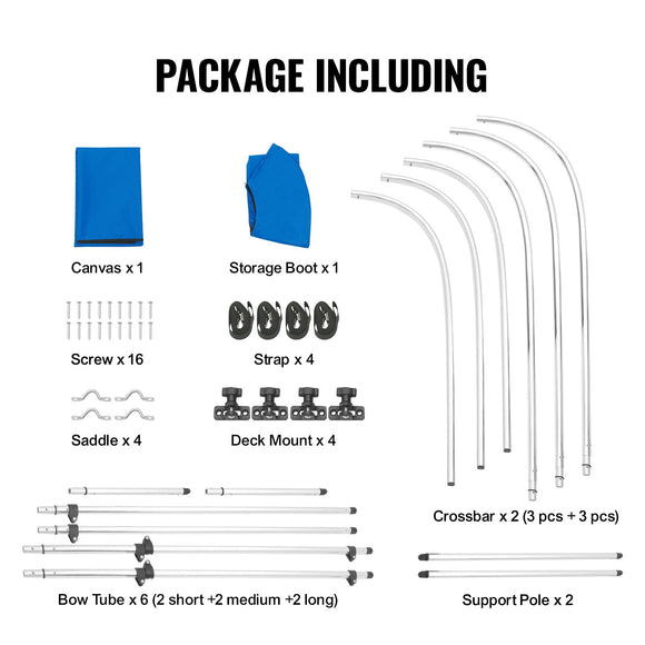 3 Bow Bimini Top Boat Cover, 900D Polyester Canopy with 1" Aluminum Alloy Frame, Waterproof and Sun Shade, Includes Storage Boot, 2 Support Poles, 4 Straps, 6'L x 46"H x 61"-66"W, Pacific Blue