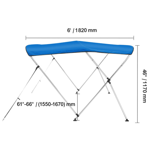 3 Bow Bimini Top Boat Cover, 900D Polyester Canopy with 1" Aluminum Alloy Frame, Waterproof and Sun Shade, Includes Storage Boot, 2 Support Poles, 4 Straps, 6'L x 46"H x 61"-66"W, Pacific Blue