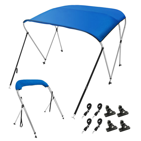 3 Bow Bimini Top Boat Cover, 900D Polyester Canopy with 1" Aluminum Alloy Frame, Waterproof and Sun Shade, Includes Storage Boot, 2 Support Poles, 4 Straps, 6'L x 46"H x 61"-66"W, Pacific Blue