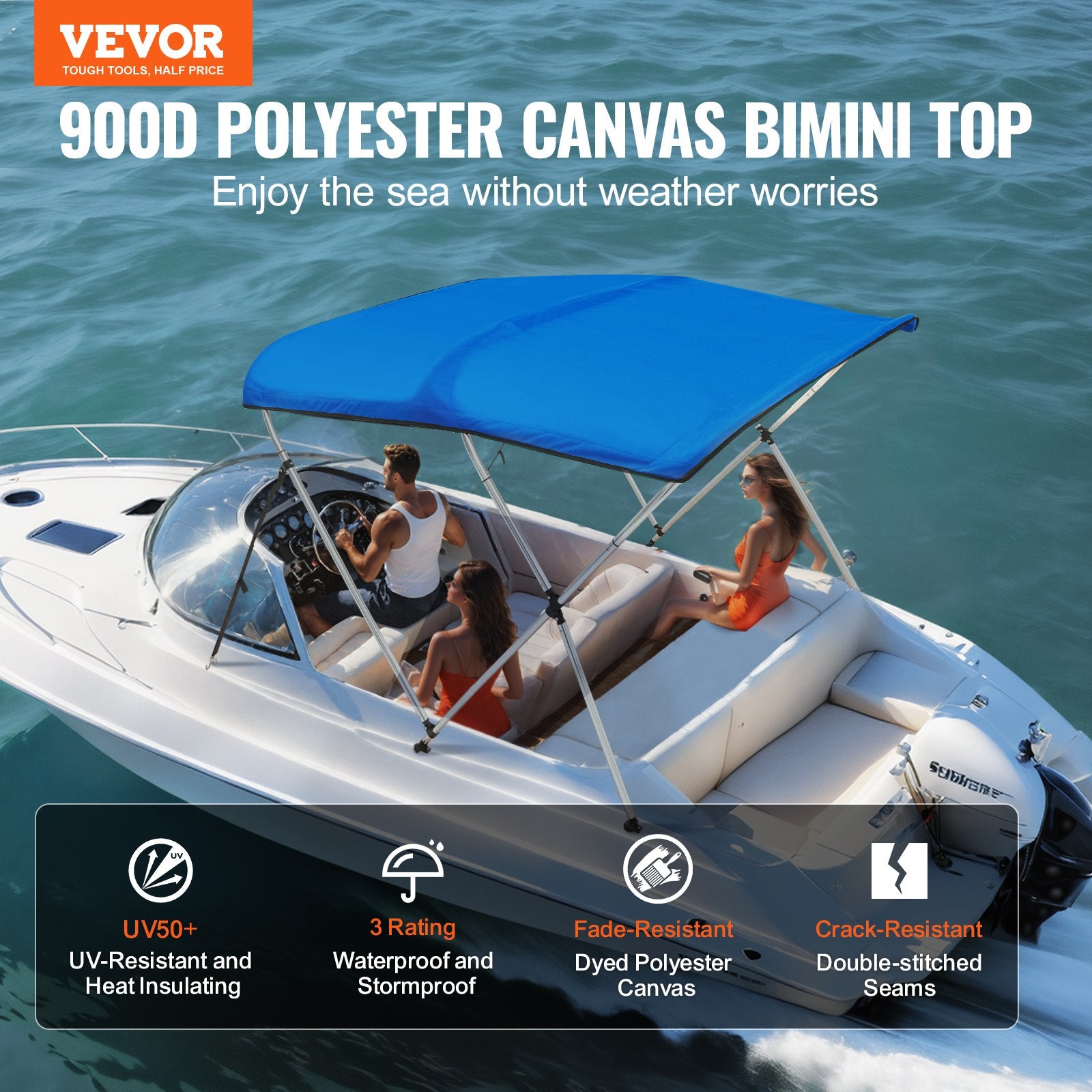 VEVOR 3 Bow Bimini Top Boat Cover, 900D Polyester Canopy with 1" Aluminum Alloy Frame, Waterproof and Sun Shade, Includes Storage Boot, 2 Support Poles, 4 Straps, 6'L x 46"H x 61"-66"W, Pacific Blue - 0