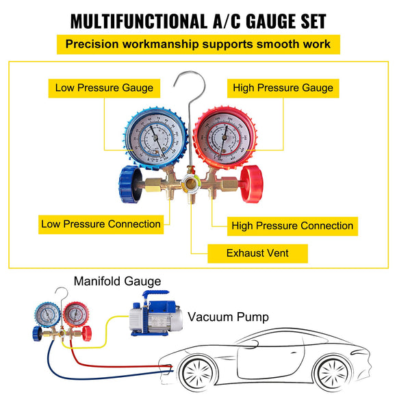 4CFM 1/4HP Rotary Vane Vacuum Pump + R134AManifold Gauge Tester Charging +Hose