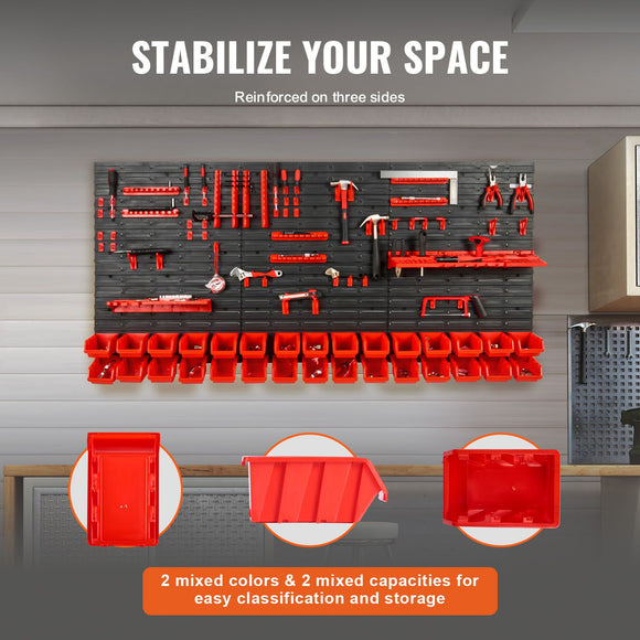 Wall Mounted Storage Bins, 30-Bin Parts Rack Organizer Garage Plastic Shop Tool with Wall Panels/Tool Holders/Hooks, Tool Organizer for Nuts, Bolts, Screws, Nails, Beads, Buttons, Black and Red