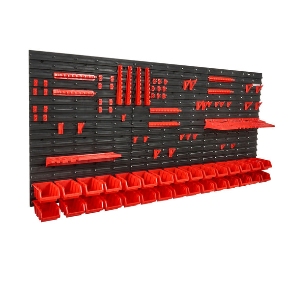 Wall Mounted Storage Bins, 30-Bin Parts Rack Organizer Garage Plastic Shop Tool with Wall Panels/Tool Holders/Hooks, Tool Organizer for Nuts, Bolts, Screws, Nails, Beads, Buttons, Black and Red