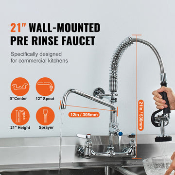 Commercial Faucet with Pre-Rinse Sprayer, 21" Height, 8" Center, 12" Swing Spout, Wall Mount Kitchen Sink Faucet, Brass Constructed Device with Pull Down Spray, for 1/2/3 Compartment Sink - 0