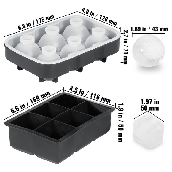 Ice Cube Trays (Set of 2), 2-in-1 Combo with Silicone Sphere Ice Ball Maker & Large Square Ice Cube Maker with Lid, Reusable Easy Release BPA Free Ice Tray Set for Whiskey Cocktails Bourbon