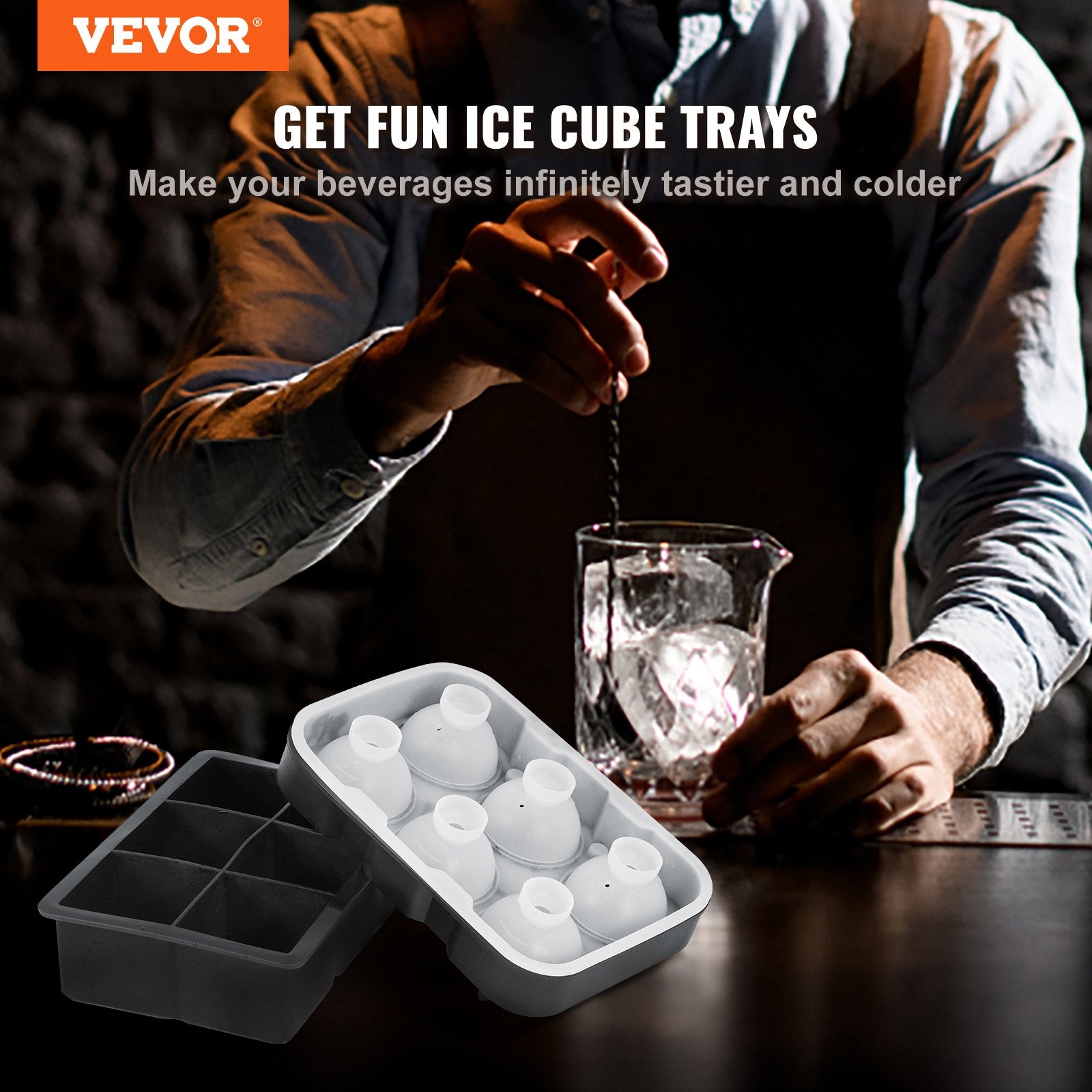 VEVOR Ice Cube Trays (Set of 2), 2-in-1 Combo with Silicone Sphere Ice Ball Maker & Large Square Ice Cube Maker with Lid, Reusable Easy Release BPA Free Ice Tray Set for Whiskey Cocktails Bourbon - 0