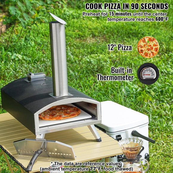 Outdoor Pizza Oven, 12" Wood Fired Pizza Ovens, Pellet Pizza Stove with Thermometer, Portable Pizza Maker for Outside Backyard Patio Camping, Pizza Stone, Carry Bag, Shovel, Black