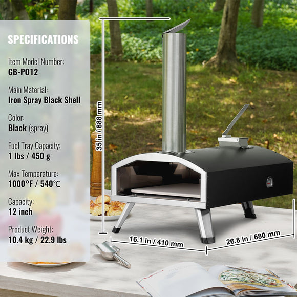 Outdoor Pizza Oven, 12" Wood Fired Pizza Ovens, Pellet Pizza Stove with Thermometer, Portable Pizza Maker for Outside Backyard Patio Camping, Pizza Stone, Carry Bag, Shovel, Black