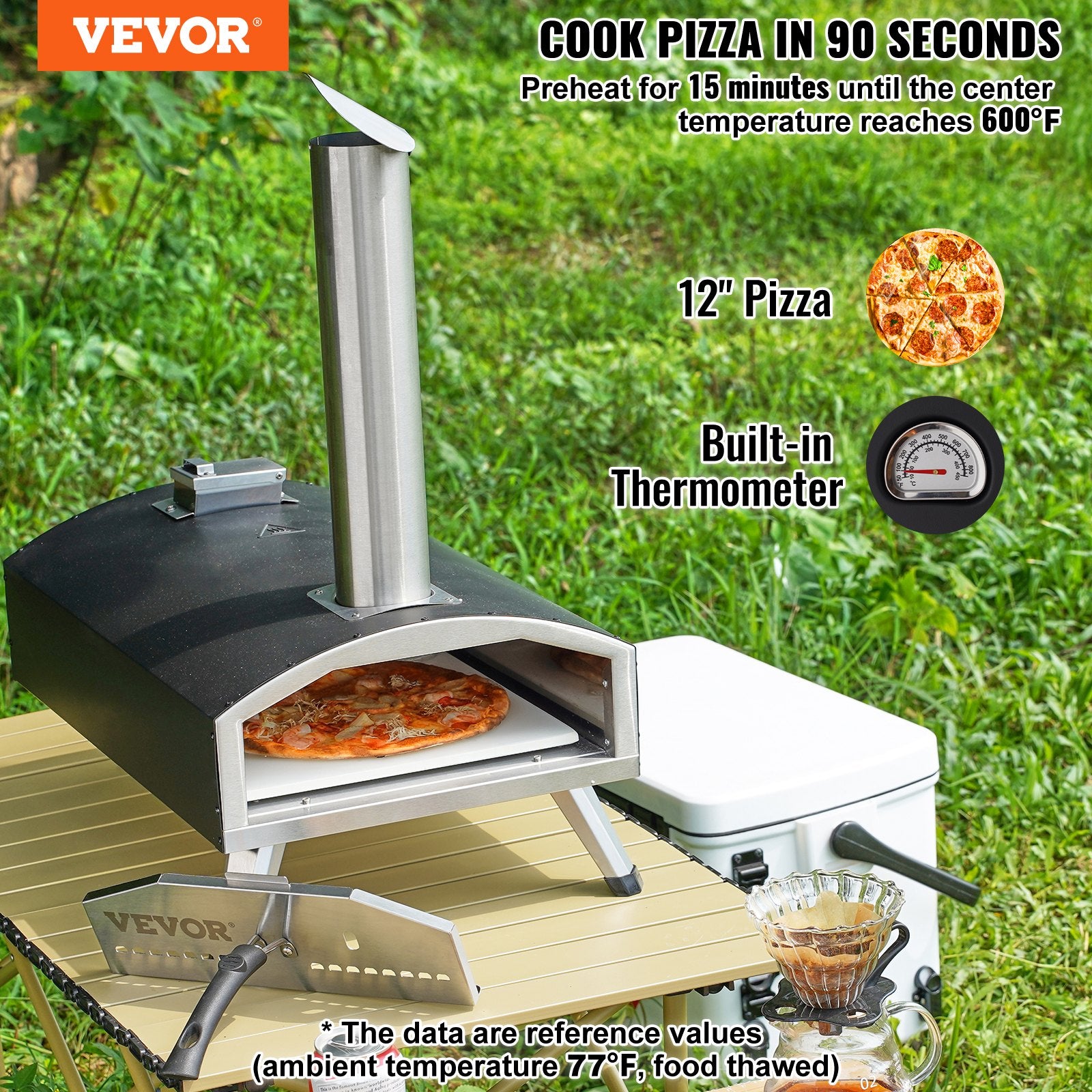 VEVOR Outdoor Pizza Oven, 12" Wood Fired Pizza Ovens, Pellet Pizza Stove with Thermometer, Portable Pizza Maker for Outside Backyard Patio Camping, Pizza Stone, Carry Bag, Shovel, Black - 0
