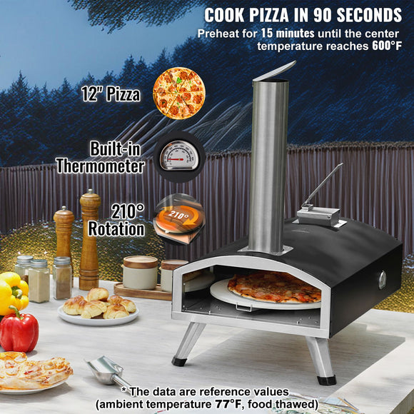 Outdoor Pizza Oven, 12" Wood Fired Pizza Ovens, Pellet Pizza Stove with Built-in Thermometer, with Thickened Cordierite, Rotating Pizza Stone, Carry Bag, Shovel, Portable Pizza Maker for Outside Backyard Patio Camping Black