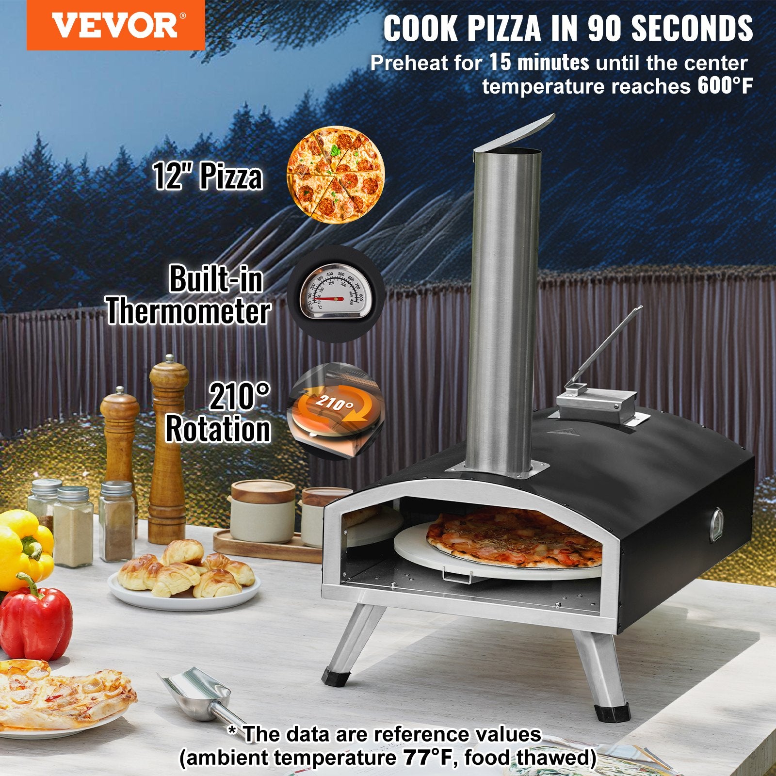 VEVOR Outdoor Pizza Oven, 12" Wood Fired Pizza Ovens, Pellet Pizza Stove with Built-in Thermometer, with Thickened Cordierite, Rotating Pizza Stone, Carry Bag, Shovel,  Portable Pizza Maker for Outside Backyard Patio Camping Black - 0