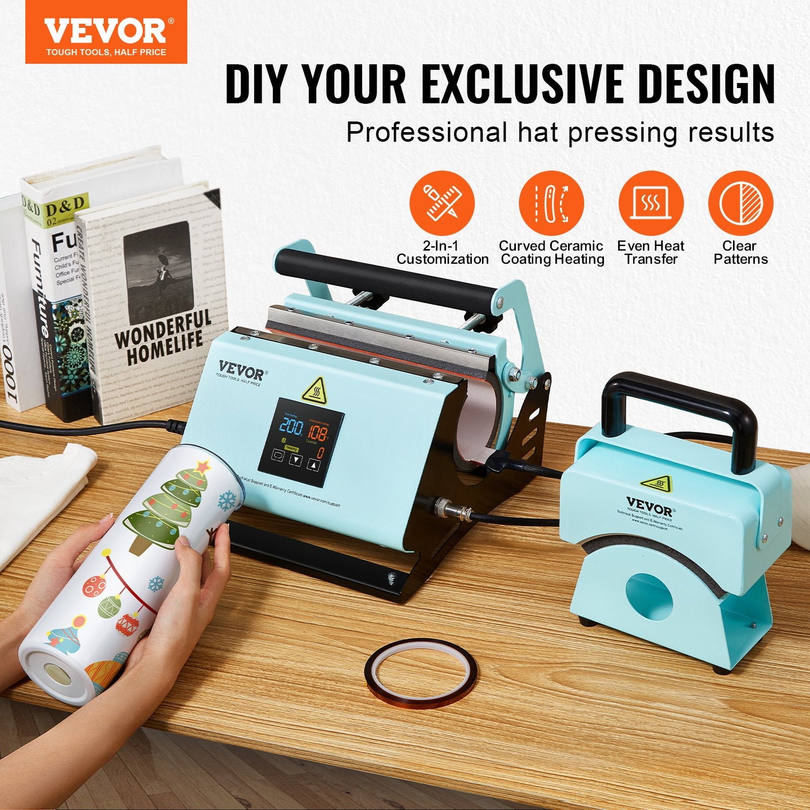 VEVOR 2 in 1 Tumbler and Hat Heat Press Machine Heat Machine for Caps Hats Mugs - 0