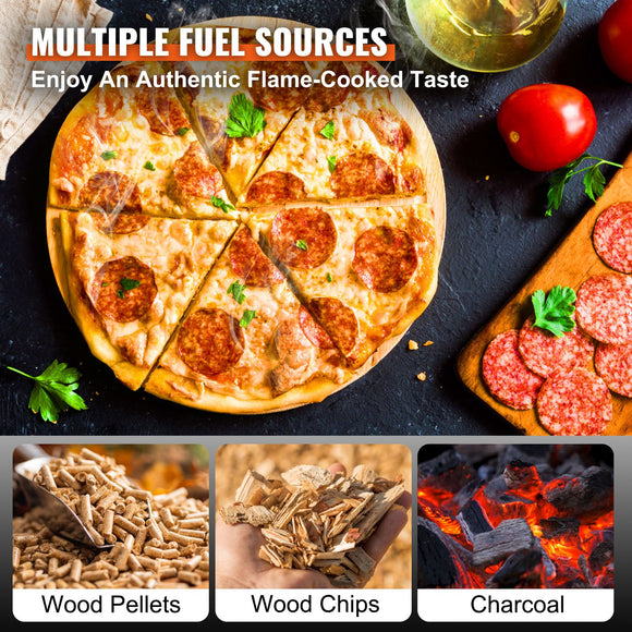 Outdoor Pizza Oven, 12-inch, Wood Pellet and Charcoal Fired Pizza Maker, Portable Outside Stainless Steel Pizza Grill with Pizza Stone, Waterproof Cover, Shovel, Wood Burner for Backyard Camping
