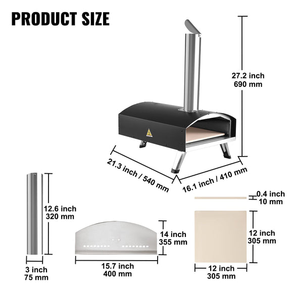 Outdoor Pizza Oven, 12-inch, Wood Pellet and Charcoal Fired Pizza Maker, Portable Outside Stainless Steel Pizza Grill with Pizza Stone, Waterproof Cover, Shovel, Wood Burner for Backyard Camping