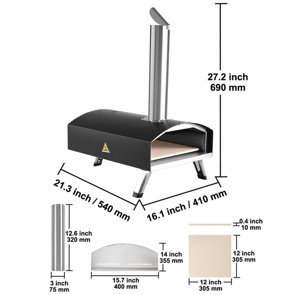 Outdoor Pizza Oven, 12-inch, Wood Pellet and Charcoal Fired Pizza Maker, Portable Outside Stainless Steel Pizza Grill with Pizza Stone, Waterproof Cover, Shovel, Wood Burner for Backyard Camping