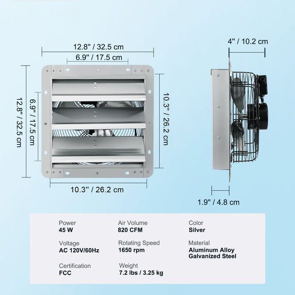 Shutter Exhaust Fan, 254 mm High-speed 1400RPM 753 CFM, Aluminum Wall Mount Attic Fan with AC-motor, Ventilation and Cooling for Greenhouses, Garages, Sheds, Shops