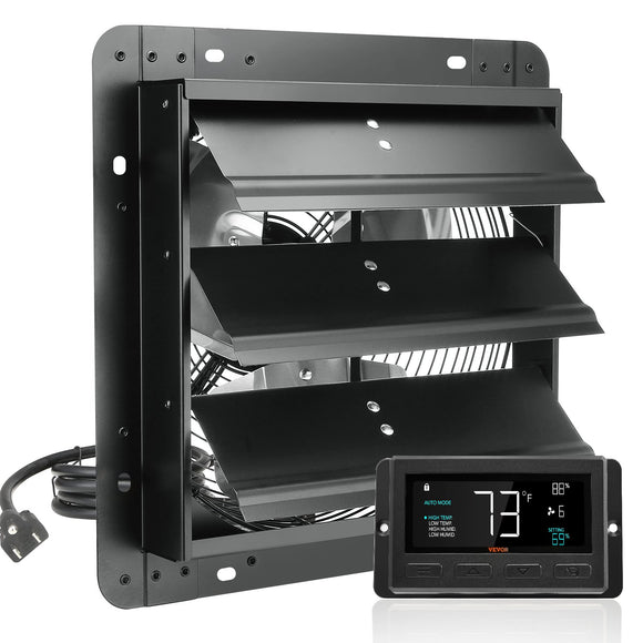 VEVOR Shutter Exhaust Fan, 305 mm /12 inch with Temperature Humidity Controller, EC-motor, 904 CFM, Variable Speed Adjustable Wall Mount Attic Fan, Ventilation and Cooling for Greenhouses, Garages, Sheds