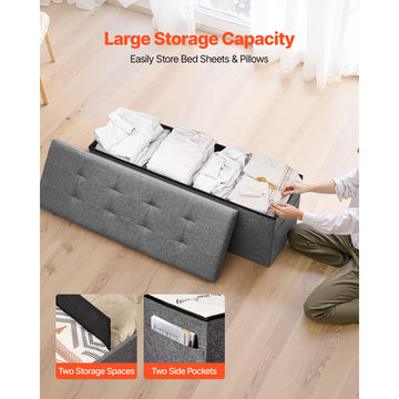 Foldable Storage Ottoman Bench, End of Bed Bench with Side Bags, Folding Upholstered Storage Chest Supports 660 lbs, Linen Bed Ottoman with Large Space for Living Room, Bedroom, Entryway, Grey - 0