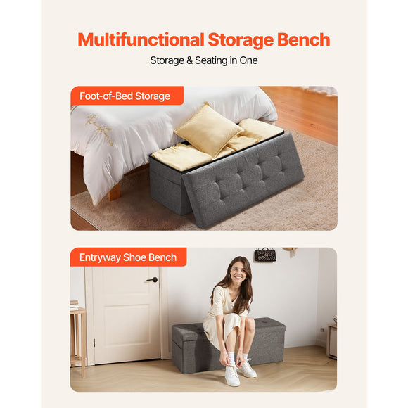Foldable Storage Ottoman Bench, End of Bed Bench with Side Bags, Folding Upholstered Storage Chest Supports 660 lbs, Linen Bed Ottoman with Large Space for Living Room, Bedroom, Entryway, Grey