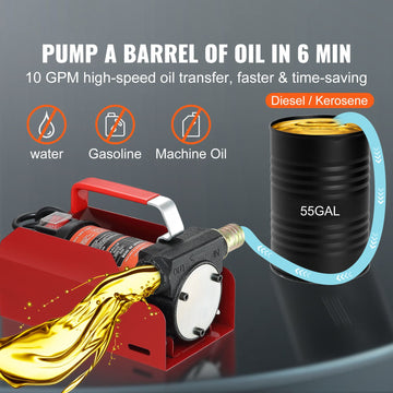 Fuel Transfer Pump, 12V DC, 10 GPM, 8 m Lift, Portable Electric Diesel Transfer Extractor Pump Kit with Automatic Shut-off Nozzle, Delivery & Suction Hose for Diesel, Kerosene, Transformer Oil - 0