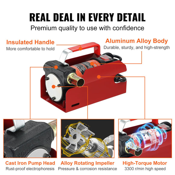 Fuel Transfer Pump, 12V DC, 10 GPM, 8 m Lift, Portable Electric Diesel Transfer Extractor Pump Kit with Automatic Shut-off Nozzle, Delivery & Suction Hose for Diesel, Kerosene, Transformer Oil