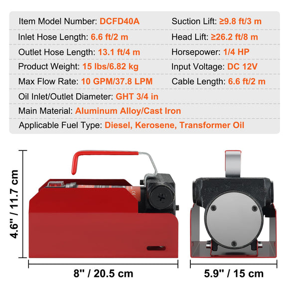 Fuel Transfer Pump, 12V DC, 10 GPM, 8 m Lift, Portable Electric Diesel Transfer Extractor Pump Kit with Automatic Shut-off Nozzle, Delivery & Suction Hose for Diesel, Kerosene, Transformer Oil