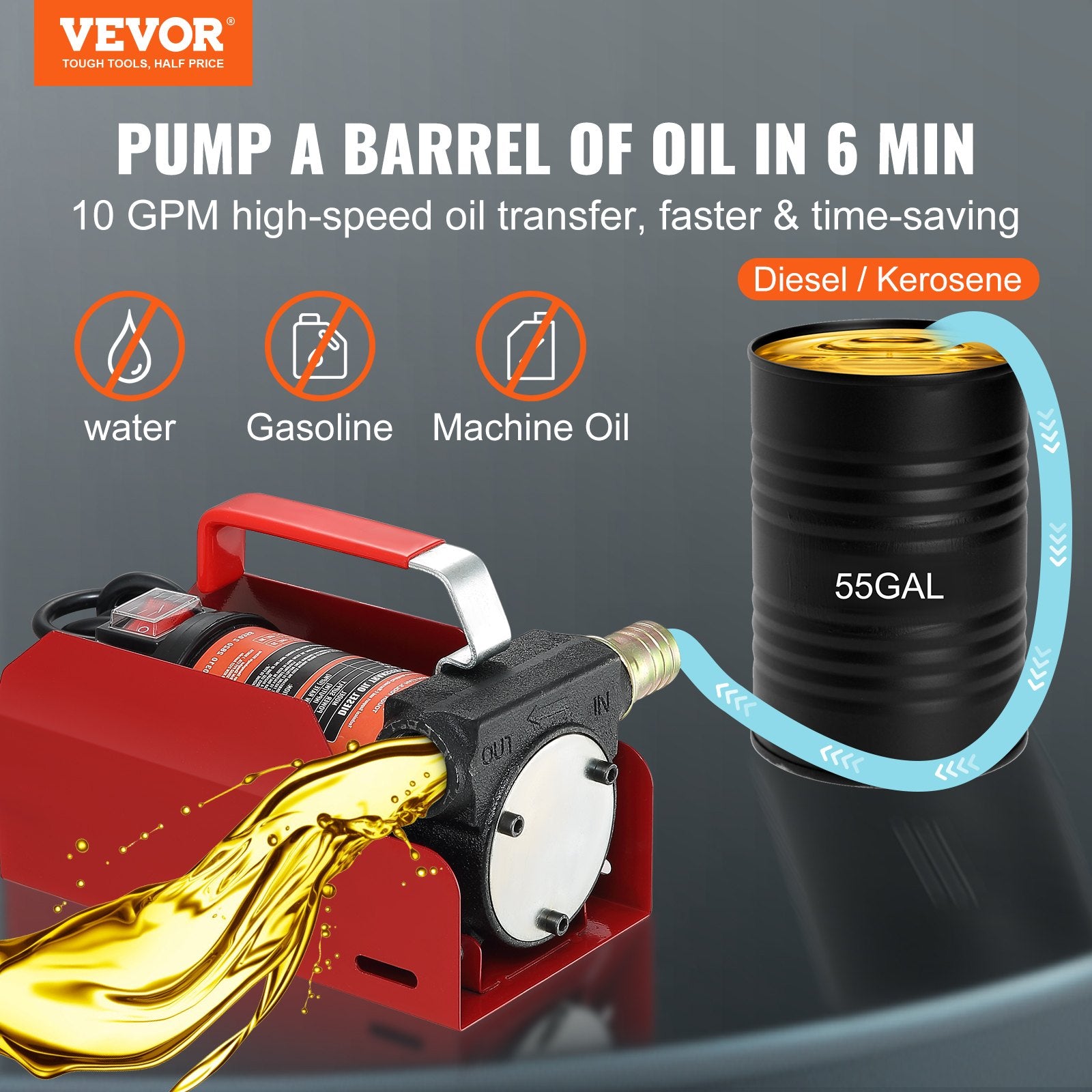 VEVOR Fuel Transfer Pump, 12V DC, 10 GPM, 8 m Lift, Portable Electric Diesel Transfer Extractor Pump Kit with Automatic Shut-off Nozzle, Delivery & Suction Hose for Diesel, Kerosene, Transformer Oil - 0