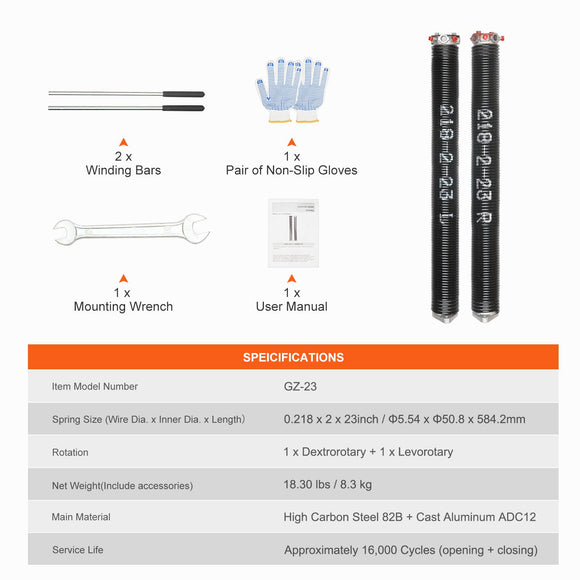 Garage Door Torsion Springs Pair of 0.218 x 2 x 23inch with Winding Bars