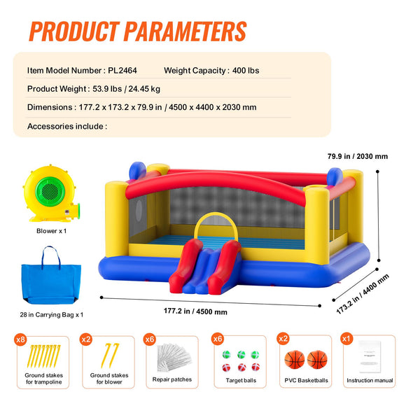 Inflatable Bounce House, Outdoor High Quality Playhouse Trampoline, Jumping Bouncer with Blower, Slide, and Storage Bag, Family Backyard Bouncy Castle, for Kid Ages 3_10 Years, 4.5x4.4x2m