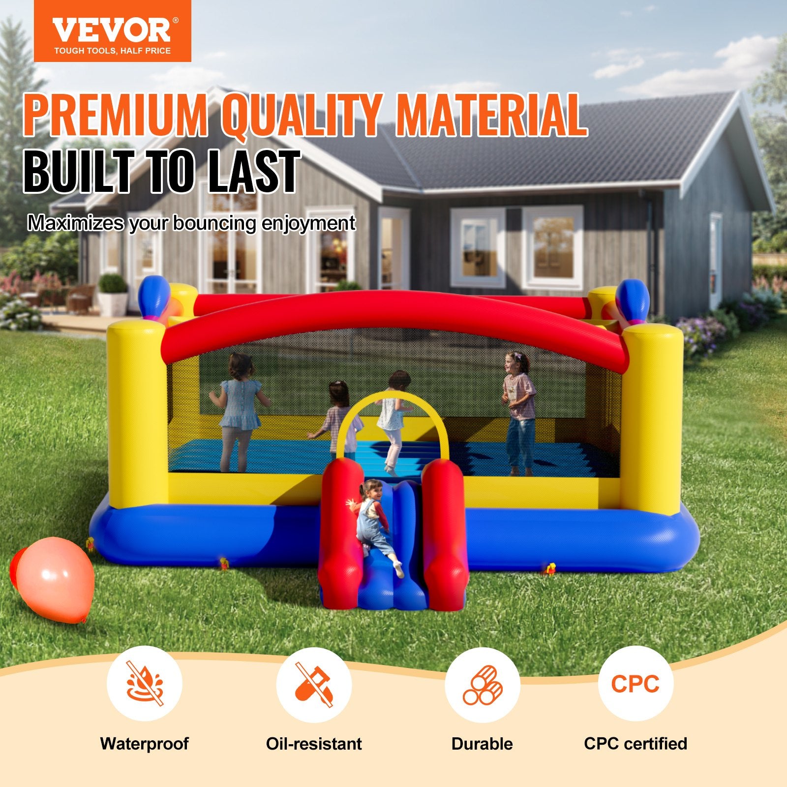 VEVOR Inflatable Bounce House, Outdoor High Quality Playhouse Trampoline, Jumping Bouncer with Blower, Slide, and Storage Bag, Family Backyard Bouncy Castle, for Kid Ages 3_10 Years, 4.5x4.4x2m - 0