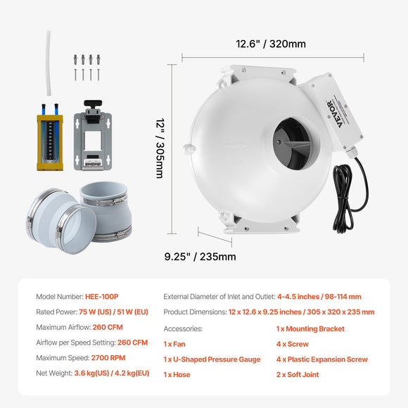 VEVOR 4" to 4.5" Radon Mitigation Fan System Kit Quiet 260 CFM Inline Duct Fan