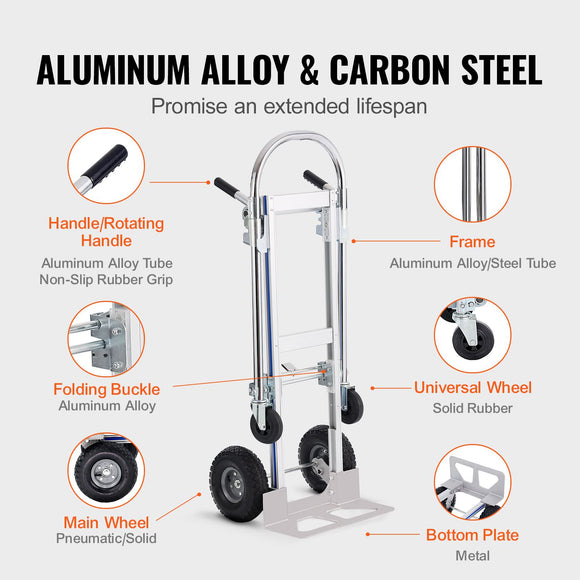 Aluminum Hand Truck, 2 in 1, 363 kg Max Load Capacity, Heavy Duty Industrial Convertible Folding Hand Truck and Dolly, Utility Cart Converts from Hand Truck to Platform Cart with Rubber Wheels