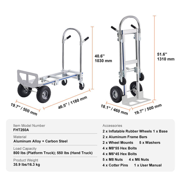 Aluminum Hand Truck, 2 in 1, 363 kg Max Load Capacity, Heavy Duty Industrial Convertible Folding Hand Truck and Dolly, Utility Cart Converts from Hand Truck to Platform Cart with Rubber Wheels