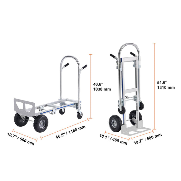 Aluminum Hand Truck, 2 in 1, 363 kg Max Load Capacity, Heavy Duty Industrial Convertible Folding Hand Truck and Dolly, Utility Cart Converts from Hand Truck to Platform Cart with Rubber Wheels